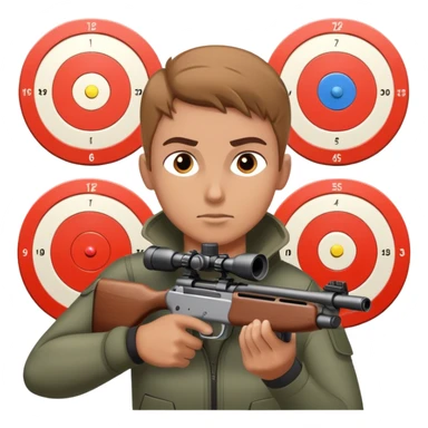 An athlete in shooting stance, focused on the target, holding a precision rifle. The background features a shooting range with targets set at various distances, highlighting control, concentration, and accuracy in the sport of competitive shooting. sticker