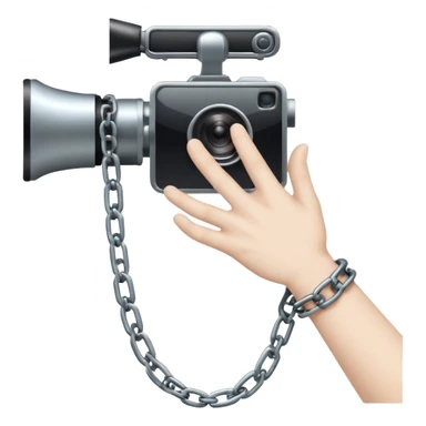 Minimalist emoji-style sticker of a human hand bound by a chain leading to a video camera. Icon-like, clean silhouette, muted tones. sticker
