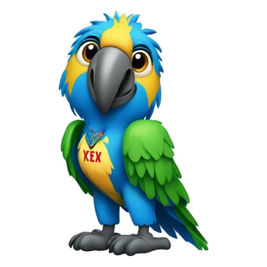 blue macaw with a shirt with "fexei" written sticker