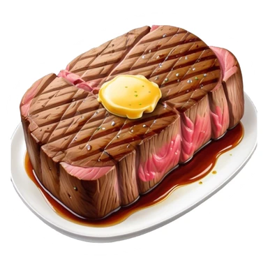 Cinematic thick-cut steak, perfectly seared with grill marks, a juicy pink center, butter melting on top, rich and savory, warm glow, sizzling and mouthwatering, highly detailed and appetizing. sticker