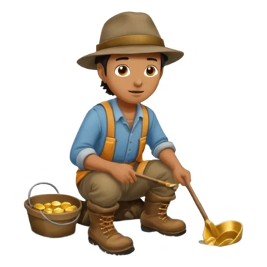create a gold miner panning for gold near a stream sticker