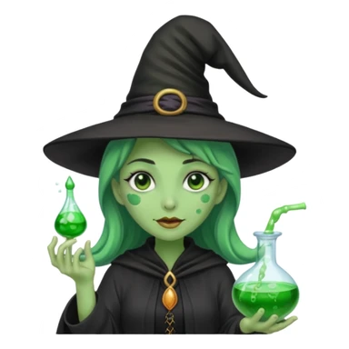Witch with Green Skin – long-nosed witch in black hat holding potion sticker