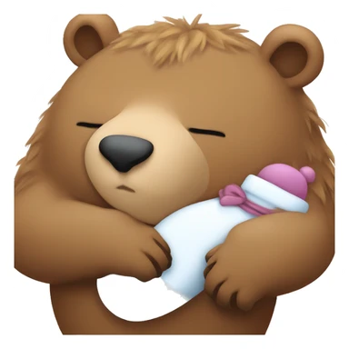 Big bear sleeping with a sleeping stocking on his head cradling a baby capybara who is also sleeping sticker