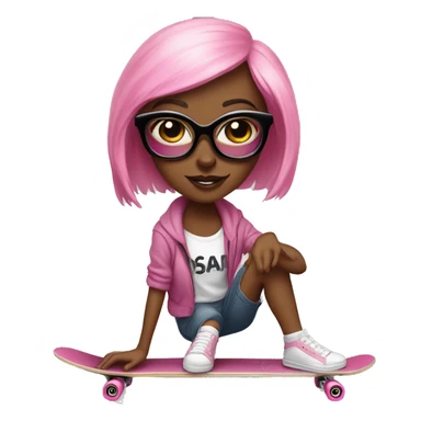 face of girlboss with pink nails in black glasses on a skateboard sticker