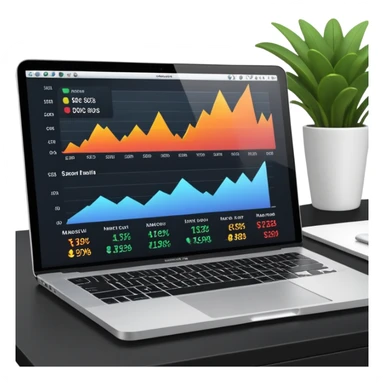 Create a macbook displaying financial charts and black analytics dashboards on the screen. sticker
