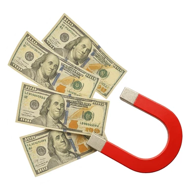 cinque banconote fluttuano in aria attratte da una calamita rossa, iperrealistica 4k, isolato su sfondo bianco sticker