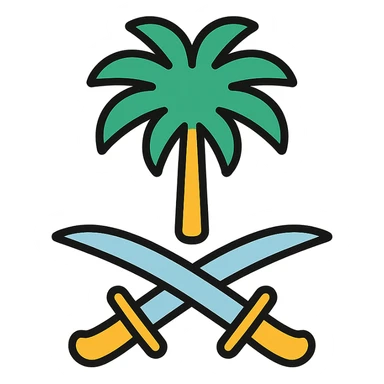 icon representing Saudi culture with palm tree and crossed swords in modern color outline style sticker
