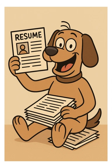 cartoon dog sitting with a pile of resumes in its lap, holding one up proudly, big grin, floppy ears, classic cartoon style, warm and approachable sticker