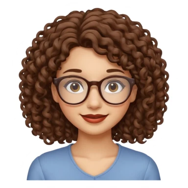 Young woman, curly brown hair, shoulder-length, brown lips, glasses sticker