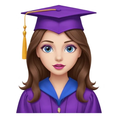 girl with long wavy brown hair, blue eyes, long lashes makeup, sexy pink lips, wearing a purple graduation cap and gown sticker