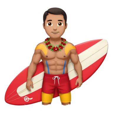 Dark-haired tan muscular 50 year old man with red shorts and shell lei surfing sticker