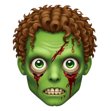 Generate an emoji-style image with a white background of a green-skinned zombie. The zombie should have visible facial wounds, curly brown hair with highlights, green eyes, and a shaved line in the left eyebrow. sticker