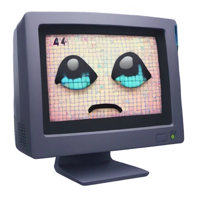 kawaii-style computer monitor with expressive sad eyes and teardrops, broken pixel-style "404" text glitching on screen, digital error symbols floating around, soft pastel colors, emoji art style sticker