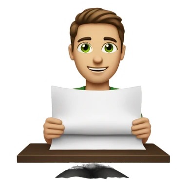 a light-skinned green-eyed man with styled brown hair (brushed back) sitting in front of the long white paper scroll sticker
