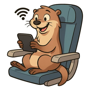 playful otter using wifi on a plane, modern cartoon style, clear subject sticker