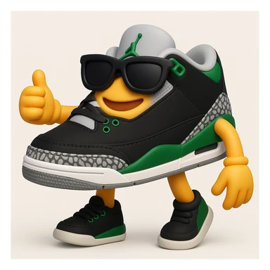 Create a 3D emoji style sneaker based on the provided reference image, adding arms, legs, and a cool facial expression with sunglasses. The style should resemble Microsoft style 3D fluent emojis with a playful and friendly look. sticker