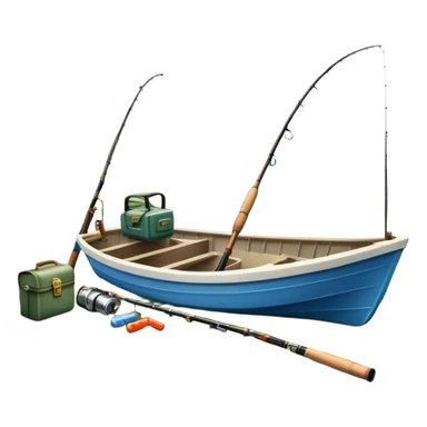 Icon for Fishing: a fishing boat by a water body with a beautiful nature backdrop, a spinning rods, fishing boots, and a fishing tackle box. The icon should evoke the peaceful and adventurous spirit of fishing. Transparent background. sticker