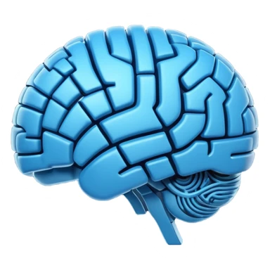 3D blue style icon representing artificial intelligence, stylized brain with digital circuit patterns, futuristic and clean, no text/letters/acronyms. No background. sticker