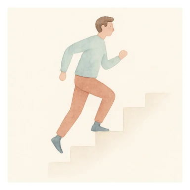 soft watercolor illustration in a minimalist modern style, a man running upstairs, pastel colors, delicate linework, gentle whimsical mood, minimal soft shading sticker