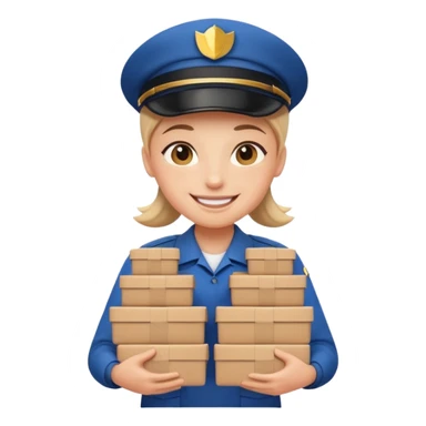 smiling delivery person with uniform and multiple packages sticker