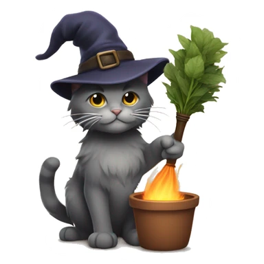 Smokey fluffy cat wearing old witches hat, holding a broomstick and a potted herb  sticker