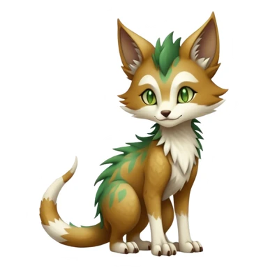 Kawaii cool edgy brown beige white fantasy ethereal feline-vernid-sergal-fursona animal creature with a tufted tail full body with intricate markings, hazel-gold-green eyes sticker