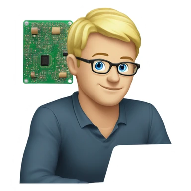 man looks 35 classes short hair, european, tech nerd love pcb designing, blond hair shorter blue eyes behind laptop with pcb in hand with classes sticker