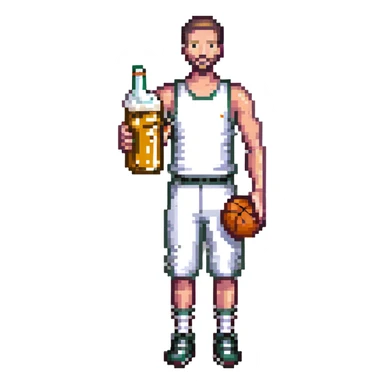 Thin man with basketball and beer sticker