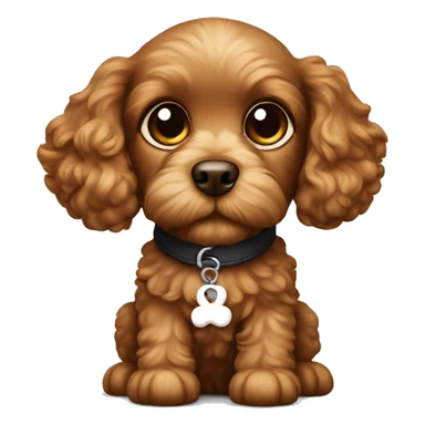 Brown cavapoo puppy with big eyes and bone collar that says sparky sticker