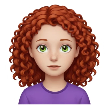pale white teen girl with light blueish green eyes and freckles with brownish red curly middle part hair and purple shirt sticker