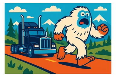 A black Kenworth W680 flat top semi truck with chrome stacks, chasing a big furry abominable snowman on a road, colorful and playful, no text sticker