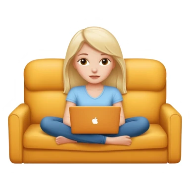 A white girl is lying on a sofa with a laptop sticker