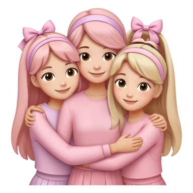"Four girls hugging each other, all wearing soft pink clothes, two with long hair and two with shoulder-length short hair, smiling, cute iPhone emoji style, with hair accessories like headbands or ribbons, pastel color palette, soft shading, white background" sticker