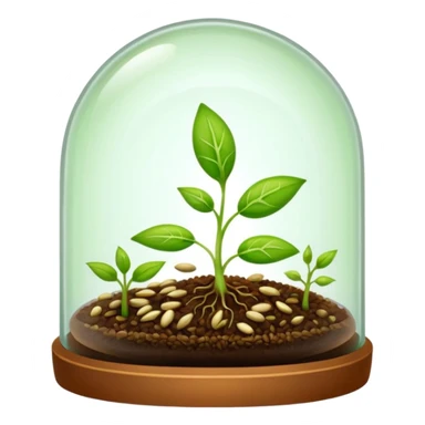 a pile of seeds at the right side and a germinating seed under a glass dome at the right side . Transparent background sticker