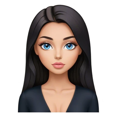 Glamours, tanned, beautiful, girl, with blue eyes, big pump peach-beige-rose lips, eyeliner, long lashes, black straight smooth silky long hair, parting hair in the middle,  in black v-neck bodysuit long sleeves sticker