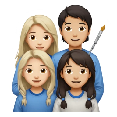 Happy Asian boy with long hair and girl messy painters sticker