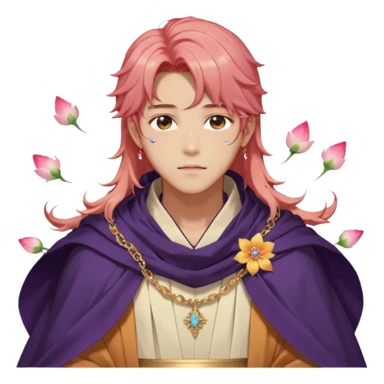 Beautiful gorgeous blushing Korean-BTS-anime guy with beautiful fiery-special-medium-long-hair, fashion aesthetic, ethereal, fairycore, pastelcore, flower petals, crystals, layered robes, toga, cloak scarf, accessories, jewelries, gold, colorful, shiny, trending style, outside sticker