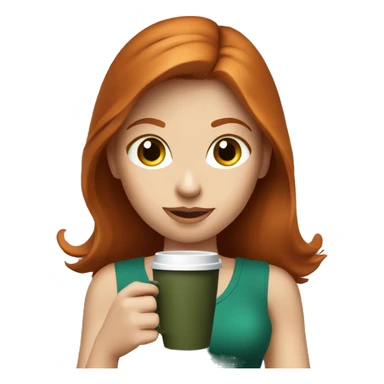 Redhead fitness girl with blue eyes in dark green top with coffee sticker