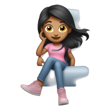 a fair Indian girl with black brownish should length hair dressed up in pink shirt and light blue jeans sitting on top of a plane sticker