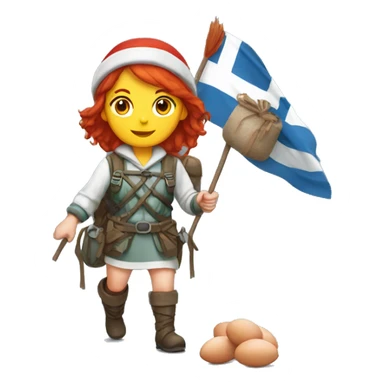 red hair female winter mountaineer offering red Easter eggs and Greek flag sticker