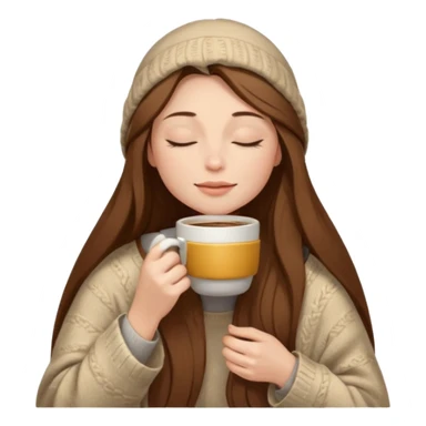 long brown hair woman closed eyes with beige blanket on her head, holding cup of coffee, autumn mood sticker