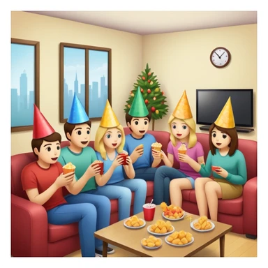 group of friends watching TV with snacks, party scene sticker