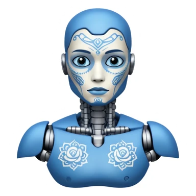blue Tatooed robot, big many tatooes on chest, neck and face, white tatoo on face sticker
