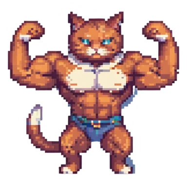muscle cat, pixel art style, flexing muscles, retro game vibe sticker