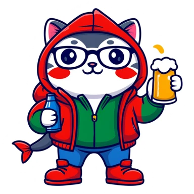 Catfish wearing a red hooded winter jacket, round glasses, blue jeans, red boots, holding a beer can with red label sticker
