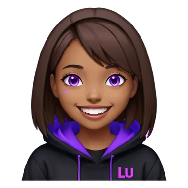 brown haired girl with a bob and blue eyes wearing black hoody with violet letters "Lu", laughs. Cyberpunk style. Violet neon. sticker
