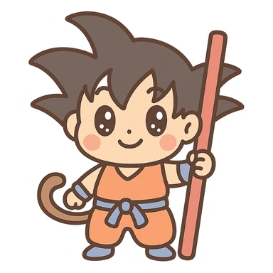 Son Goku, chibi style, big eyes, orange gi, holding a power pole, cute and playful sticker
