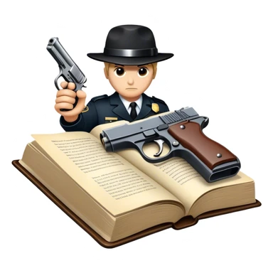 Icon for Action & Crime Reading: an open book with dramatic action scenes, surrounded by a gun, handcuffs, a badge, and a shadowy figure. The icon should evoke suspense, danger, and intrigue of crime and action stories. Transparent background. sticker