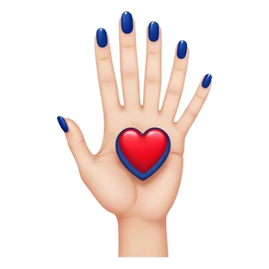 
a hand with a red manicure holds a dark blue heart with two fingers sticker