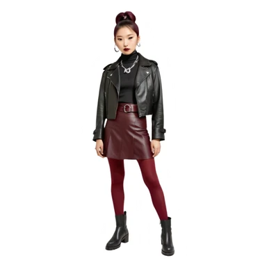 Apple emoji style. Full-body East Asian woman with a single sleek bun below the ears. Oversized hip-length black leather jacket, black turtleneck, silver Vivienne Westwood orb necklace. Low-waist A-line burgundy leather skirt, burgundy tights, red long boots. sticker